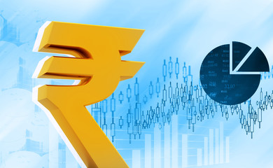 Indian Rupee icon on stock market background. 3d render