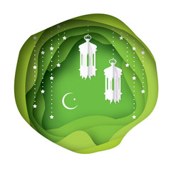 Green Ramadan Kareem Greeting card. Paper cut hanging traditional arabic lamps.