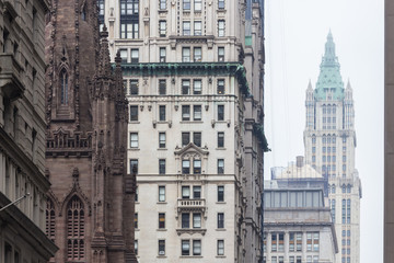 New York City, Lower Manhattan, arhitectural detail of Broadway street wiev: Trinity Church, New...