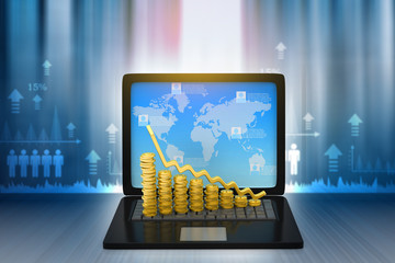 Financial graphs with laptop show business growth. 3d render
