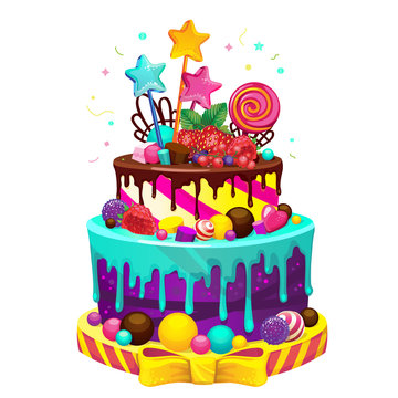 Happy birthday cake. Bright vector isolated illustration of a festive party cake