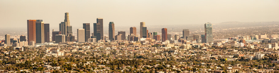 Panorama cityscape of hazy Los Angeles skyline