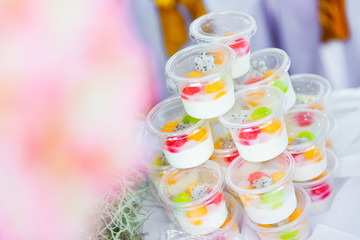 Pudding fruit salad , fruit salad topping on tofu