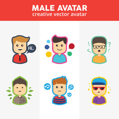 Set of creative male avatars. Different clothes and hair styles. Modern and simple flat cartoon style