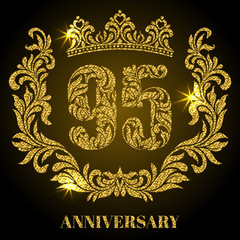 Anniversary of 95 years. Digits, frame and crown made in swirls and floral elements with gold glitter and sparkle