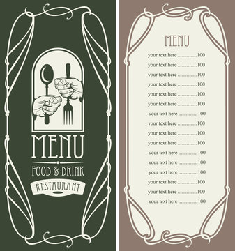 template vector menu for restaurant with price list, cutlery in hands and curlicues in baroque style on dark background