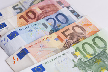 Obraz na płótnie Canvas used Euro banknotes lined up