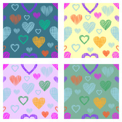 Set of seamless vector patterns with hearts. endless symmetrical backgrounds with hand drawn textured figures. Graphic illustration Template for wrapping, web backgrounds, wallpaper, cover, print
