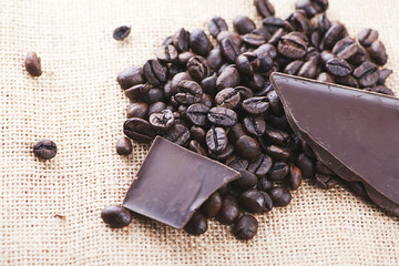 Chocolate on coffee beans.