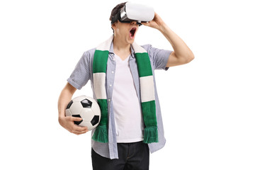 Excited football fan using a VR headset