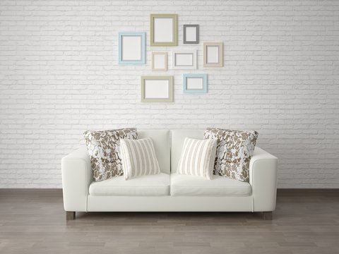 Mock up the living room with a compact sofa on the brick wall background.