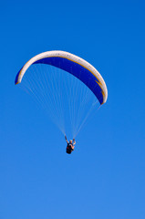 The pilot controls the paraglider in the sky
