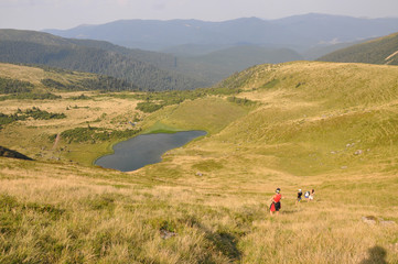 Group of hikers with in the mountains in summer