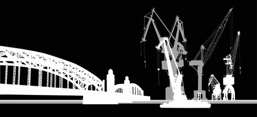 industrial cranes near bridge isolated on black