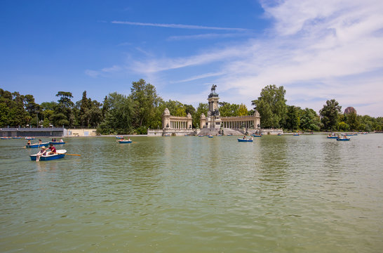 MADRID, SPAIN - JUNE 25, 2016 - Monument to Alfonso XII in the Parque del Buen Retiro "Park of the Pleasant Retreat" in Madrid, Spain