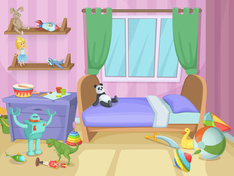 Room for kids with funny toys on the floor. Childrens playing. Vector illustration