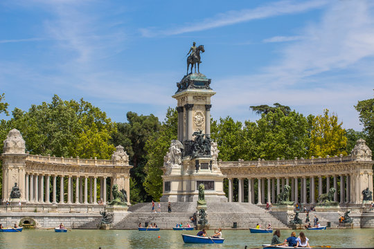 MADRID, SPAIN - JUNE 25, 2016 - Monument to Alfonso XII in the Parque del Buen Retiro "Park of the Pleasant Retreat" in Madrid, Spain