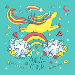 Magic vector background, poster with unicorn and rainbow