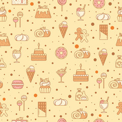 Sweet seamless pattern with cupcakes, candy, lollipop and other bakery foods. Vector illustration