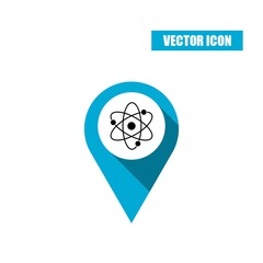 Blue map pin with atom icon isolated on white background