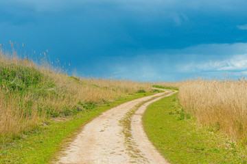 Fototapeta na wymiar Path through a field below dark clouds in spring in sunlight