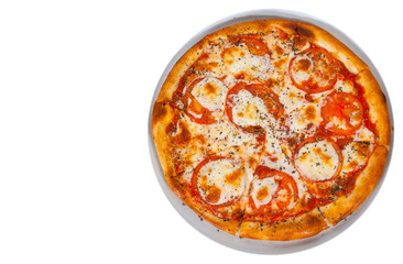  Italian margherita pizza with tomato, cheese, herbs and basil. top view. isolated on white