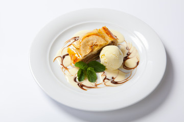 Apple strudel with vanilla ice cream