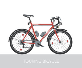 Configuration of city, touring or trekking bicycle. Bike for long distance travel around the world. Steel frame and heavy equipped bicycle. Ecology transport. Detailed vector illustration.