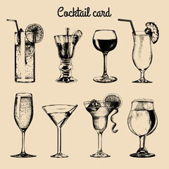 Cocktail card. Hand sketched alcoholic beverages glasses. Vector set of drinks illustrations, vodkatini, champagne etc.