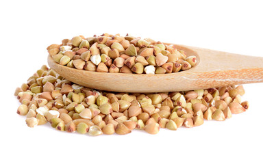 Buckwheat in wooden spoon  isolated on white background