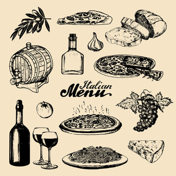 Italian Cuisine Menu.Sketched Traditional Southern Europe Food And Drink Signs.Vector Set Of Mediterranean Meal Elements