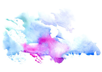 Blue and pink watery illustration. Abstract watercolor hand drawn image.Wet splash.White background.