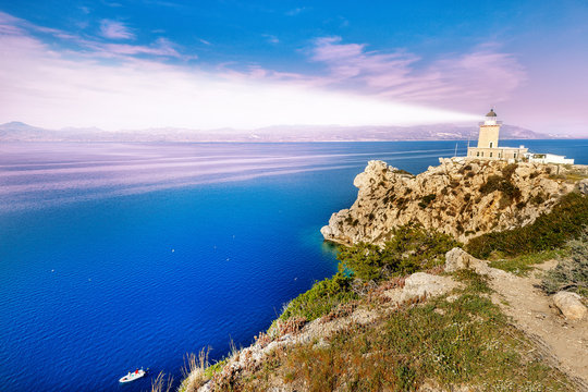 Lighthouse Melagavi, Corinth harbor, Greece, Europe. Sunrise scenery.