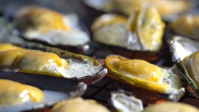 Close Up of fish and New Zealand Green Mussels on the grill on fire.
