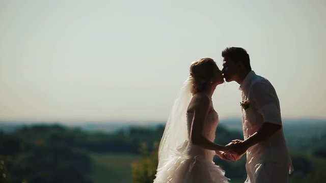 Gorgeous young wedding couple in summer dresses kisses before green landscape