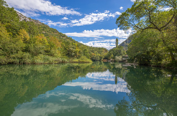 View of Cetina river around Omis (Almissa) city, Dalmatia, Croatia/ canyons/river/green/mountains