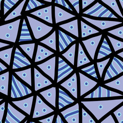 Hand drawn multicolored pattern. Seamless vector abstract background with black triangles with blue lines and dots.