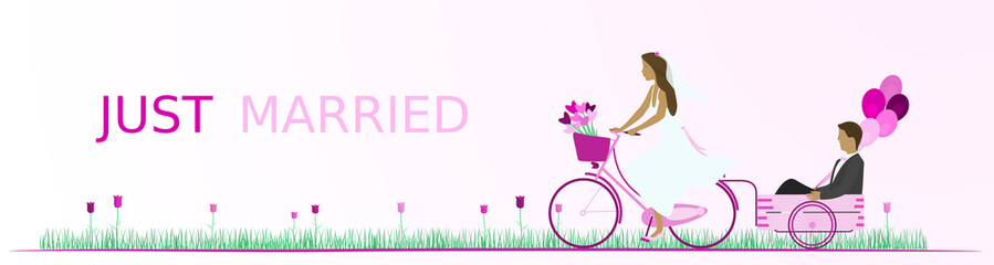 Fototapeta na wymiar Just married - wedding. Bridal couple with bicycle in a field full of heart flowers and with balloons. Pink shade.
