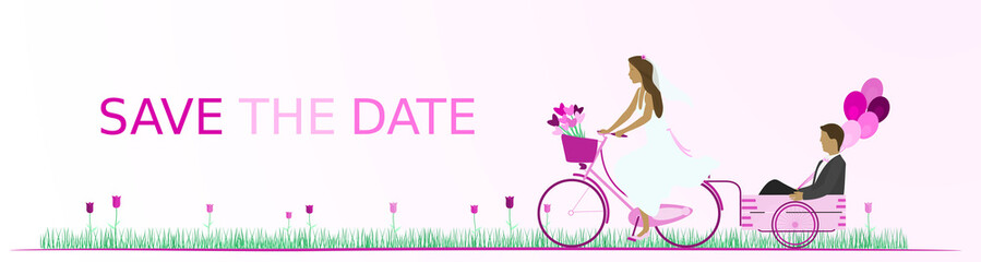 Fototapeta na wymiar Save the date - wedding. Bridal couple with bicycle in a field full of heart flowers and with balloons. Pink shade.