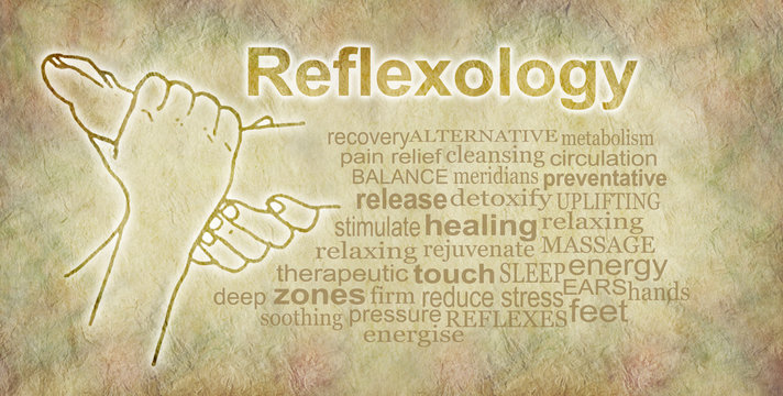 Reflexology Word Cloud Banner - outline illustration of a pair of hands holding a foot beside a reflexology word cloud on a parchment stone effect background