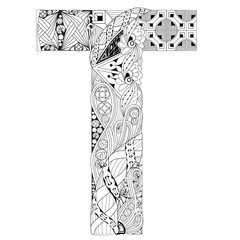 Letter T for coloring. Vector decorative zentangle object