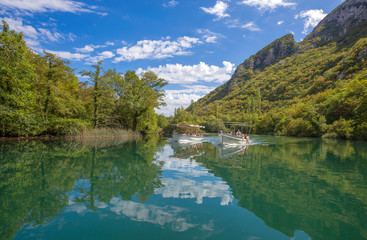 OMIS, CROATIA SEPTEMBER 17 2017 - View of Cetina river around Omis (Almissa) city, Dalmatia, Croatia/ canyons/river/green/mountains