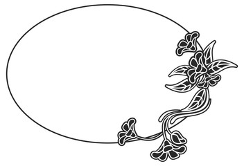 Black and white oval frame with floral silhouettes. Vector clip art.