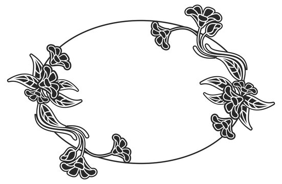Black and white oval frame with floral silhouettes. Vector clip art.