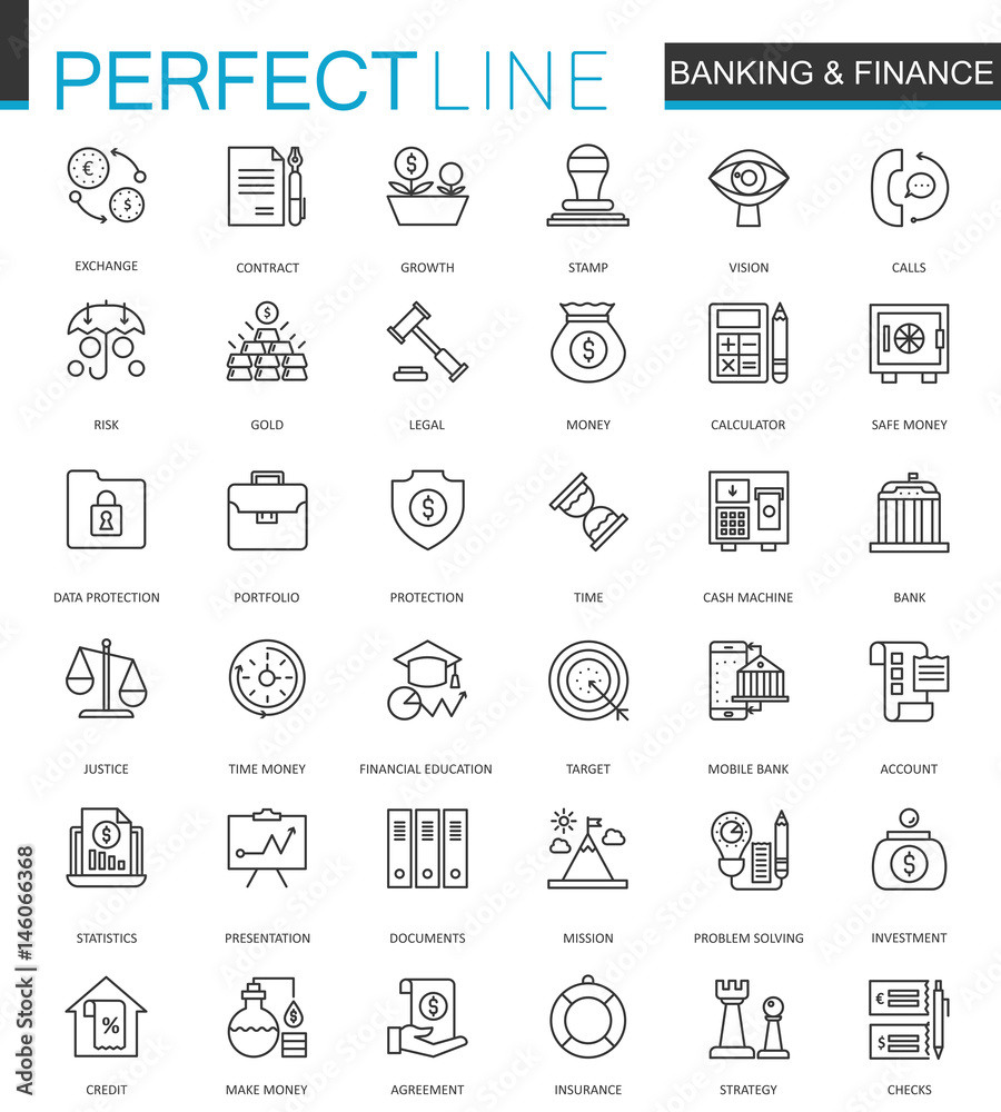 Aufkleber finance and banking thin line web icons set. outline stroke icon design.