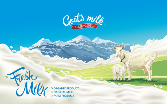Goat and kid in a mountainous landscape and splash milk form like design elements.