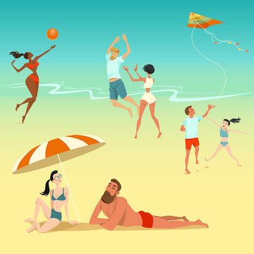 Illustration of people relaxing on the beach. Children with a kite. Young people playing volleyball. Sunbathing couple.
