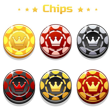 Vector golden, black and red Poker Chips on the white background. Series of Gaming and Gambling Illustrations