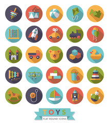 Toys flat design round icons vector collection