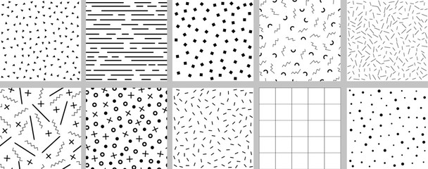 Set of minimalistic black and white neo memphis patterns.